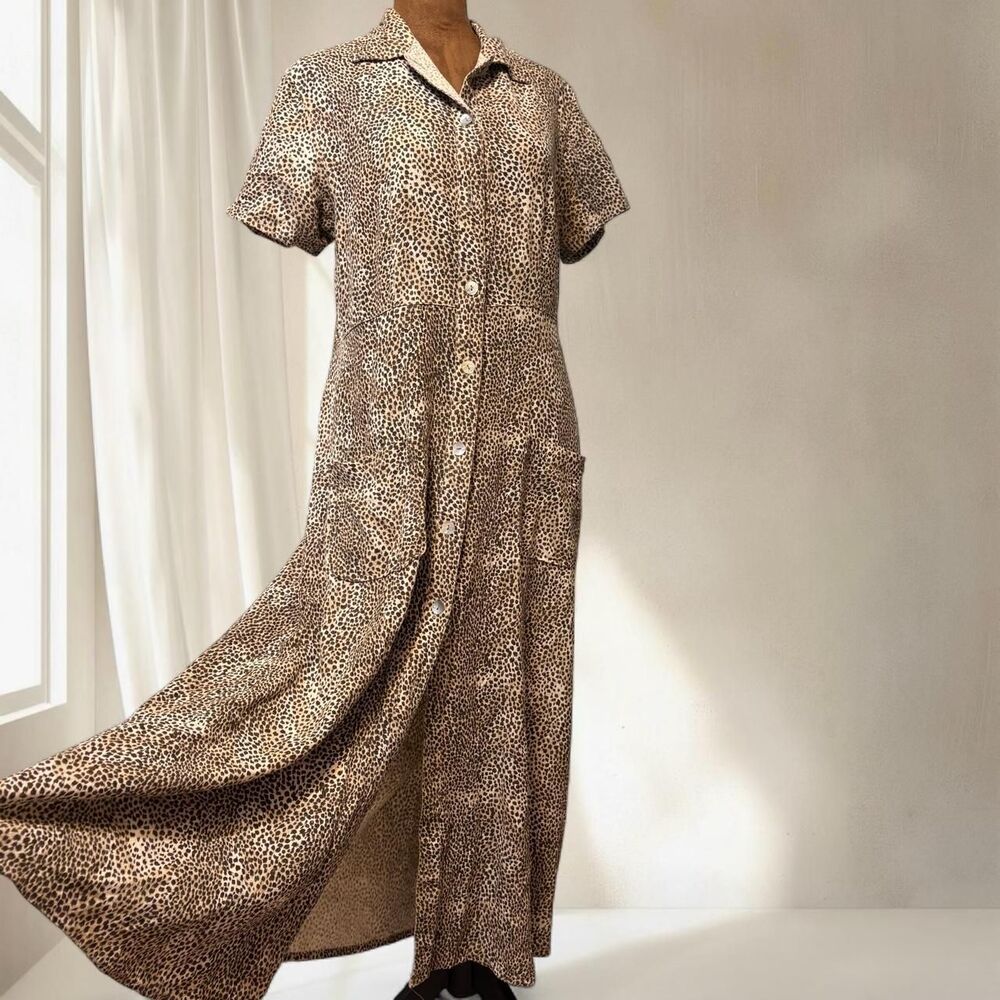 Vintage Y2K 100% Silk Leopard Animal Print Maximalist Maxi Dress